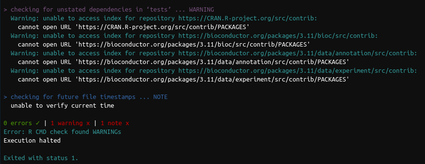 screenshot of the warning about unstated dependencies in tests